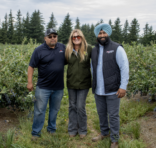 Jose, Jiwan, and Nichole standing together in a berry field in Washington.-1